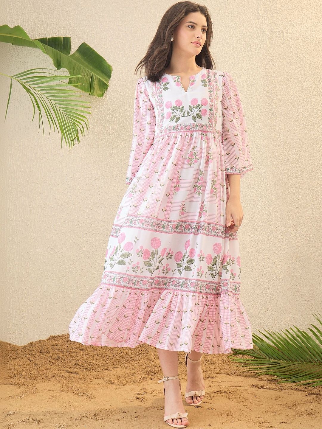 OCTICS Floral Print A-Line Midi Dress