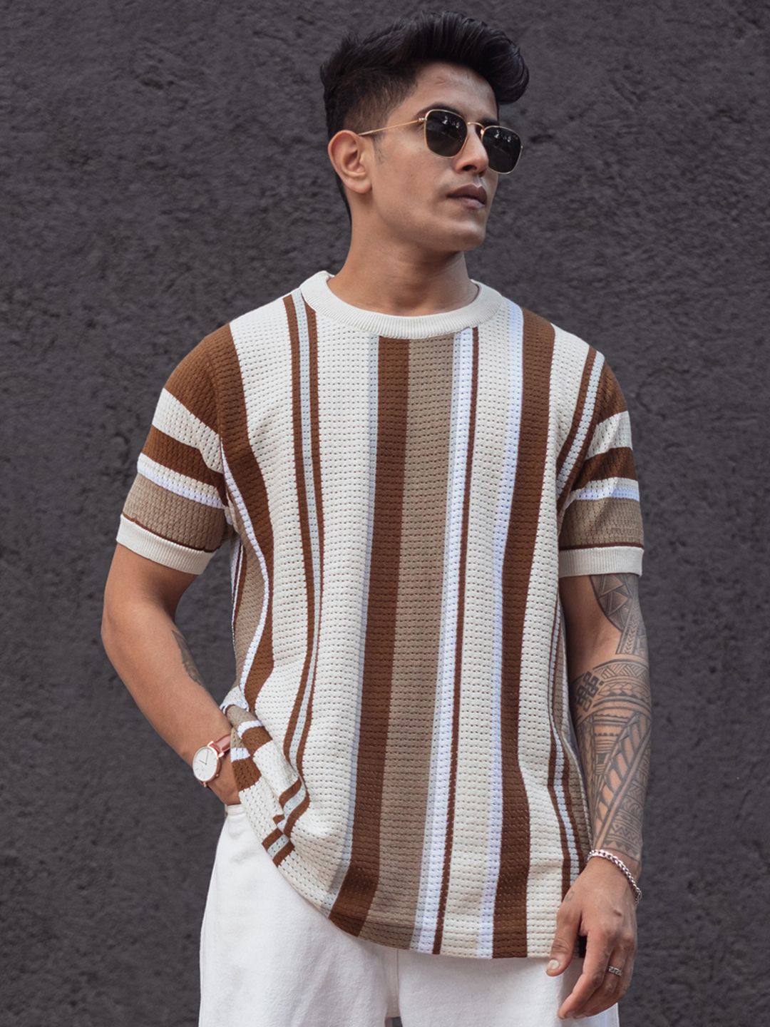 Powerlook Striped Polyester Round Neck Short Sleeves T-shirt