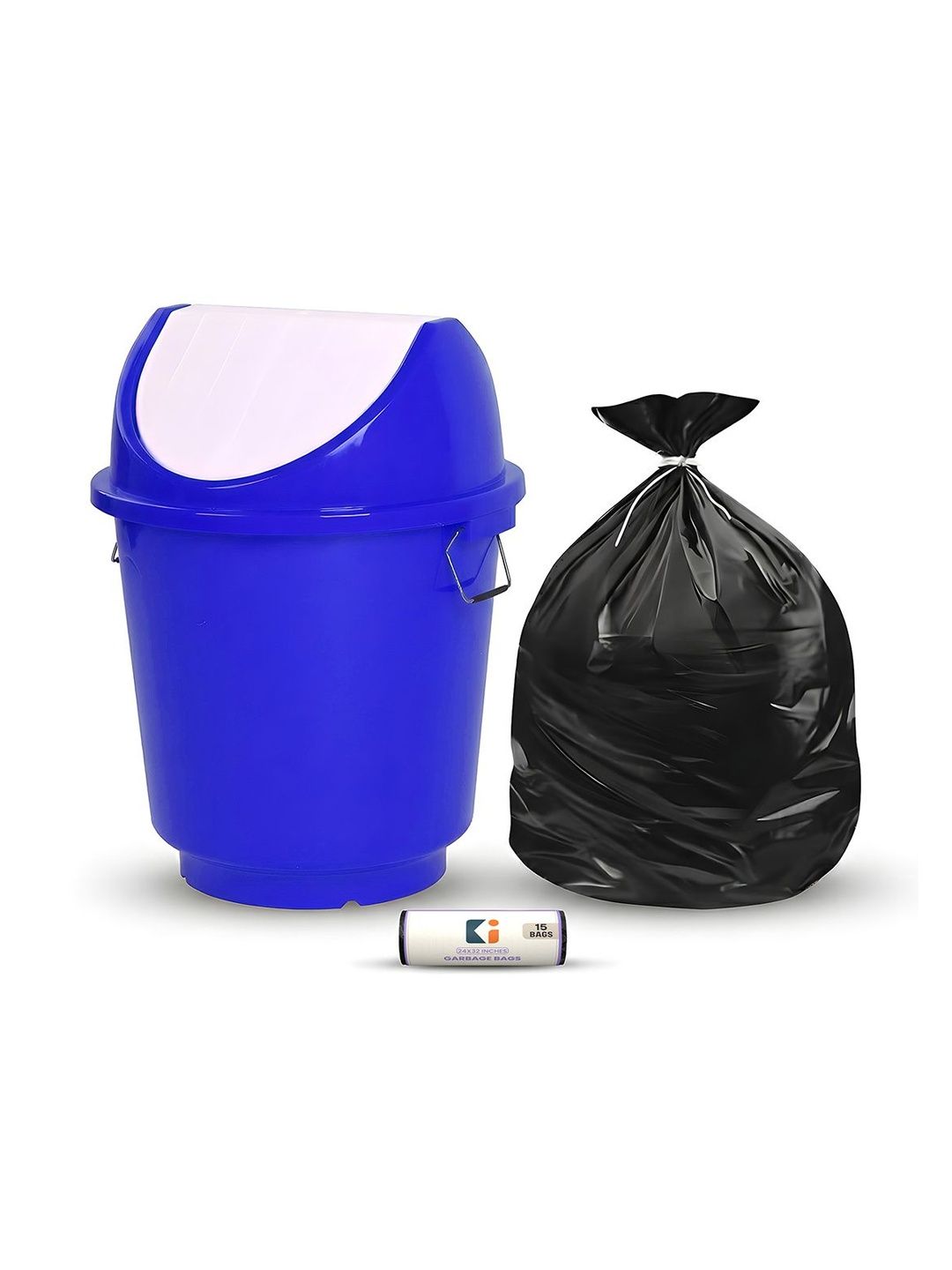Kuber Industries Blue & Black Swing Lid Dustbin With 1 Roll Garbage Bags - 25L