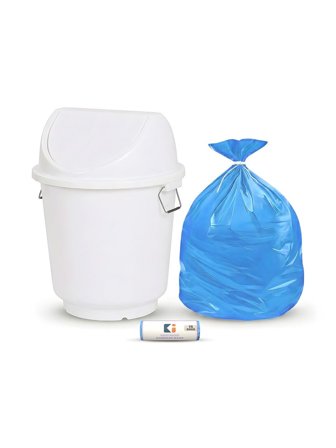 Kuber Industries White & Blue Swing Lid Dustbin With 1 Roll Garbage Bags - 25L