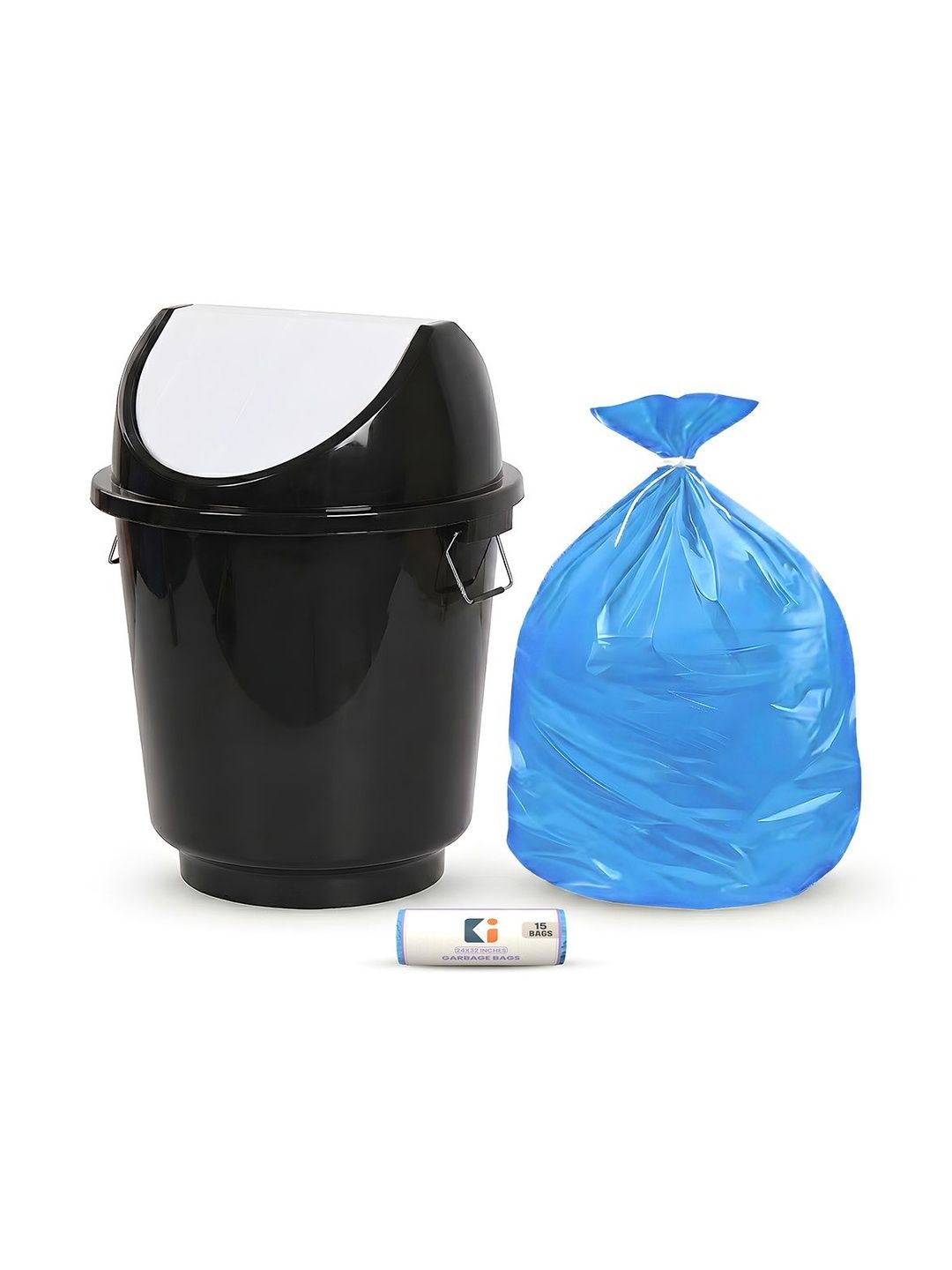 Kuber Industries Blue & Black Swing Lid Dustbin With 1 Roll Garbage Bags - 25L