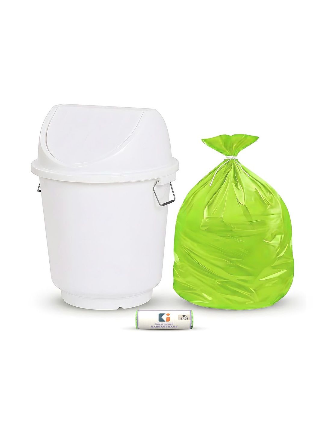 Kuber Industries White & Green Swing Lid Dustbin With 1 Roll Garbage Bags - 25L