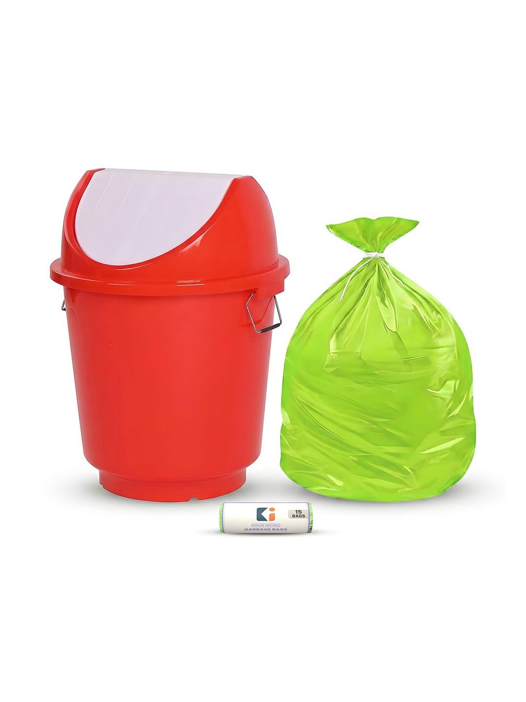 Kuber Industries Green & Red Swing Lid Dustbin With 1 Roll Garbage Bags - 25L