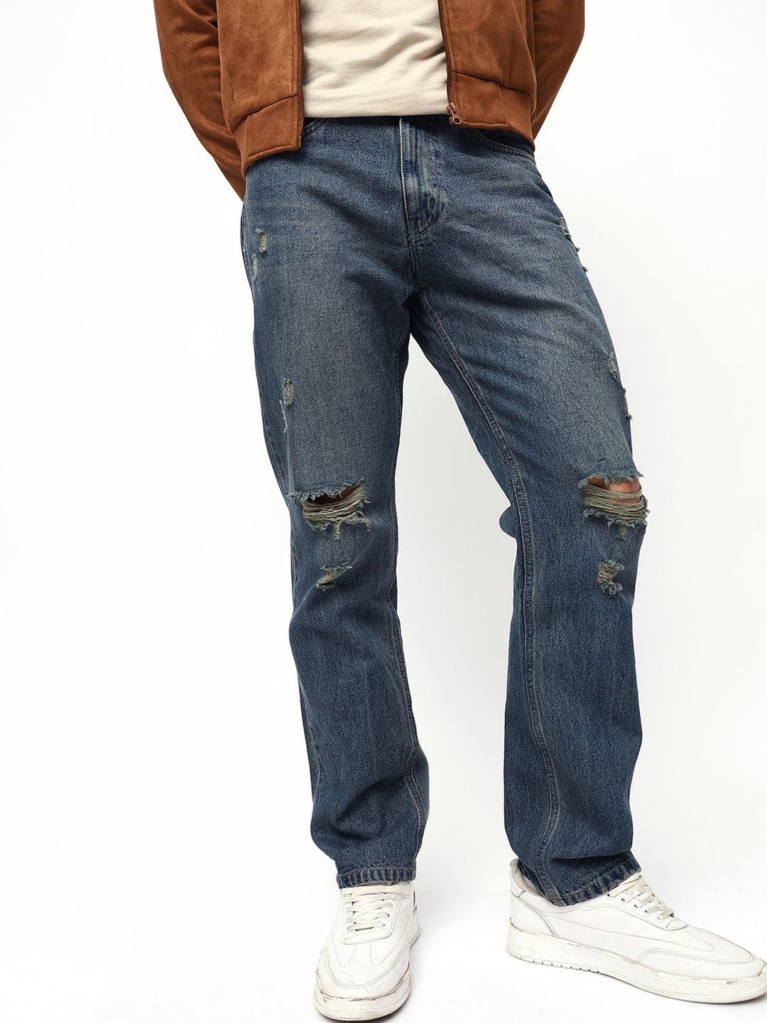 High Star Men Comfort Relaxed Fit High-Rise Highly Distressed Light Fade Jeans