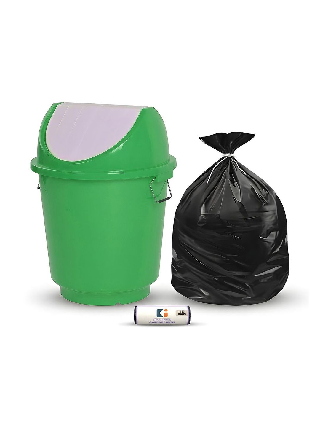 Kuber Industries Green & Black Swing Lid Dustbin With 1 Roll Garbage Bags - 25L