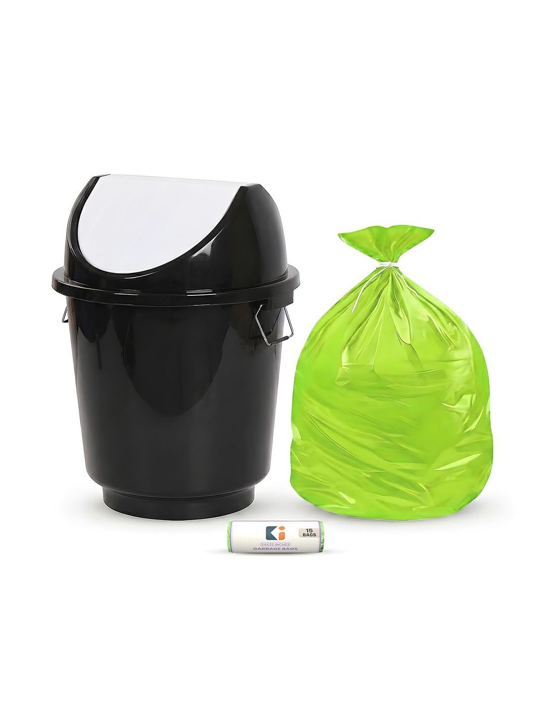 Kuber Industries Green & Black Swing Lid Dustbin With 1 Roll Garbage Bags - 25L