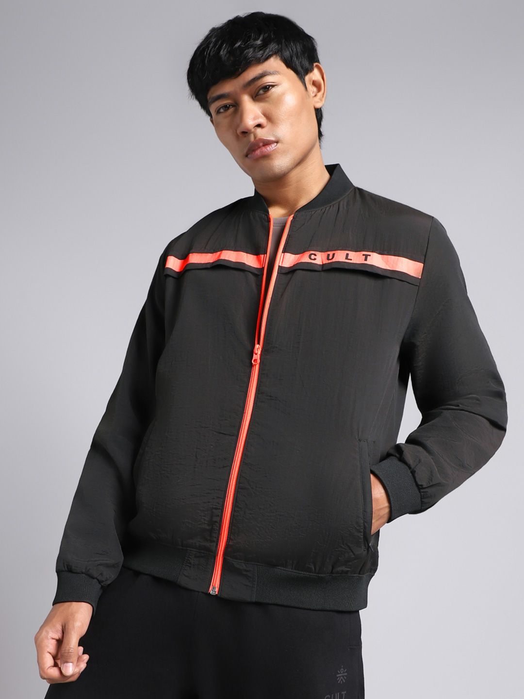 CULT Men Mock Collar Brand Logo Printed Lightweight Bomber Jacket