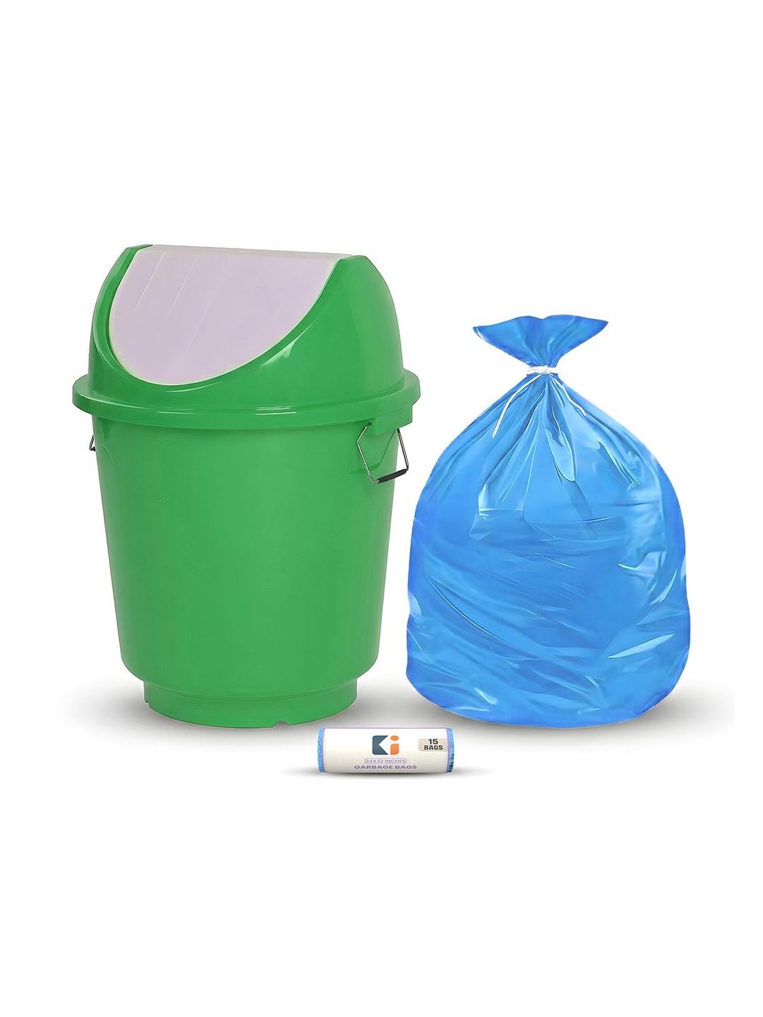 Kuber Industries Green & Blue Swing Lid Dustbin With 1 Roll Garbage Bags - 25L
