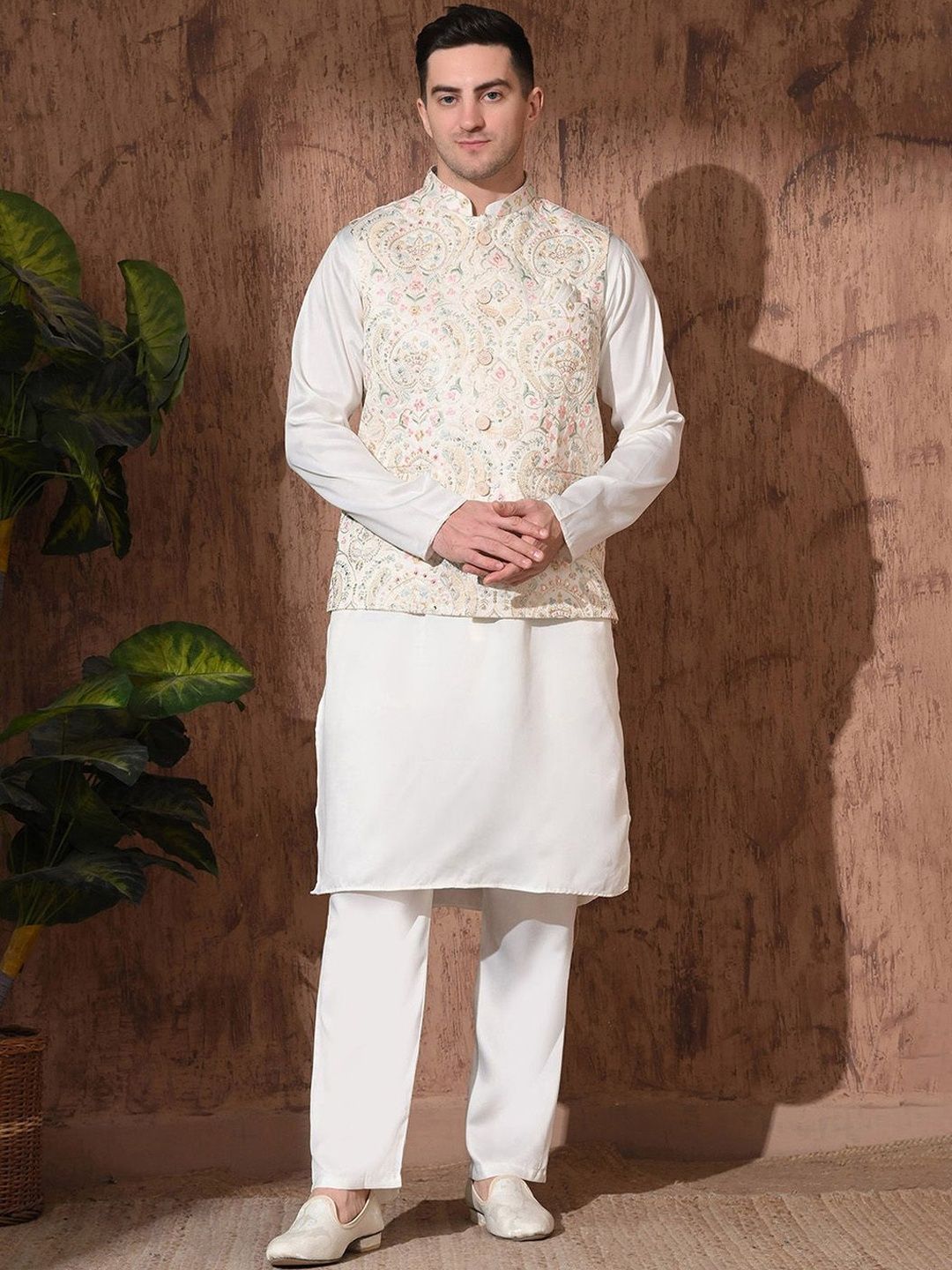 Aesthelia Embroidered Satin Nehru Jackets