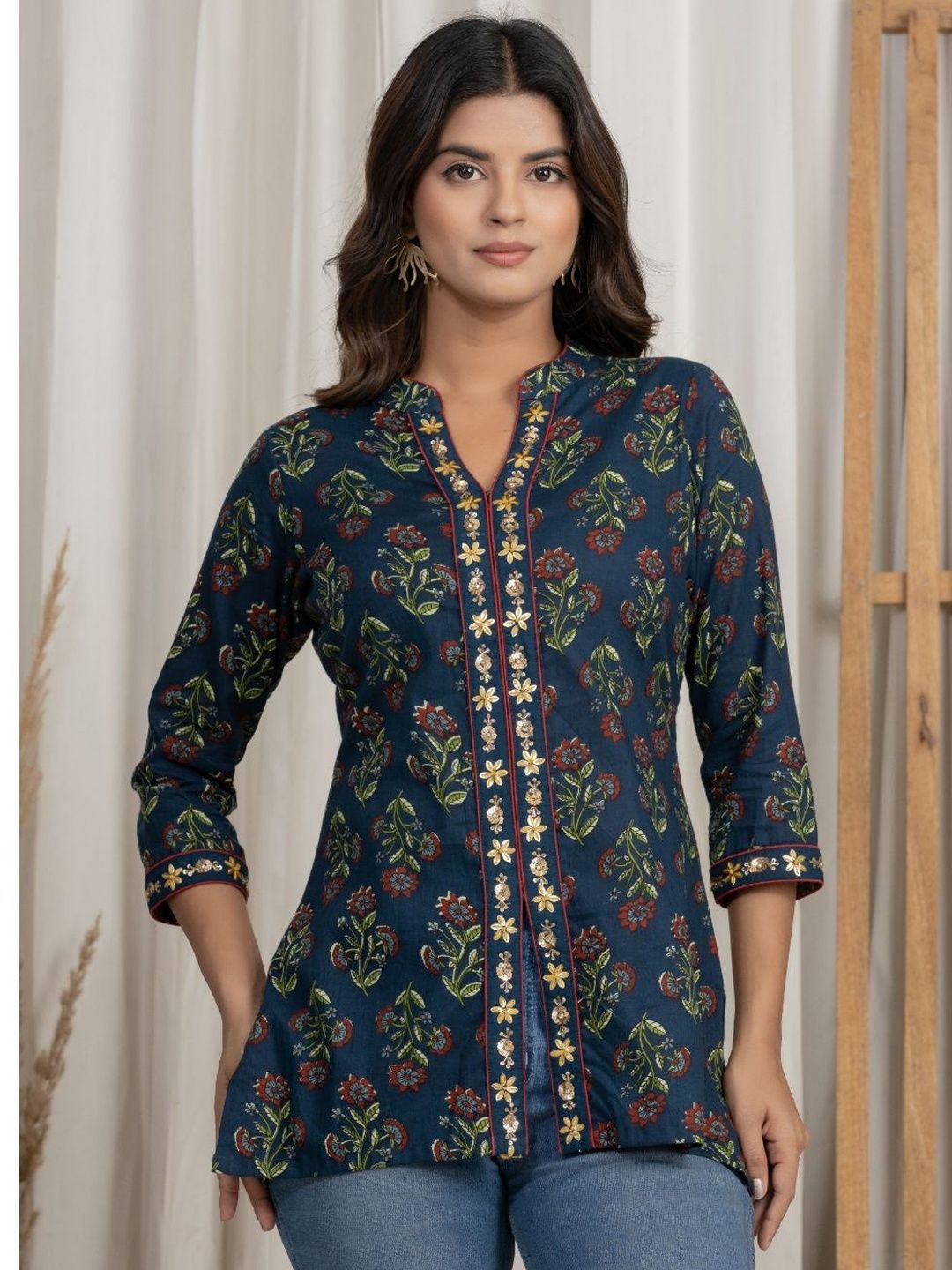 Anastay Clothing Floral Printed Sequinned Pure Cotton Sequinned Kurti