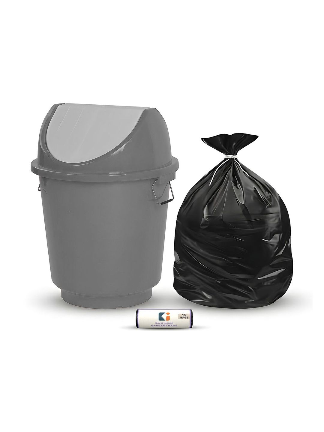 Kuber Industries Grey & Black Swing Lid Dustbin With 1 Roll Garbage Bags - 25L