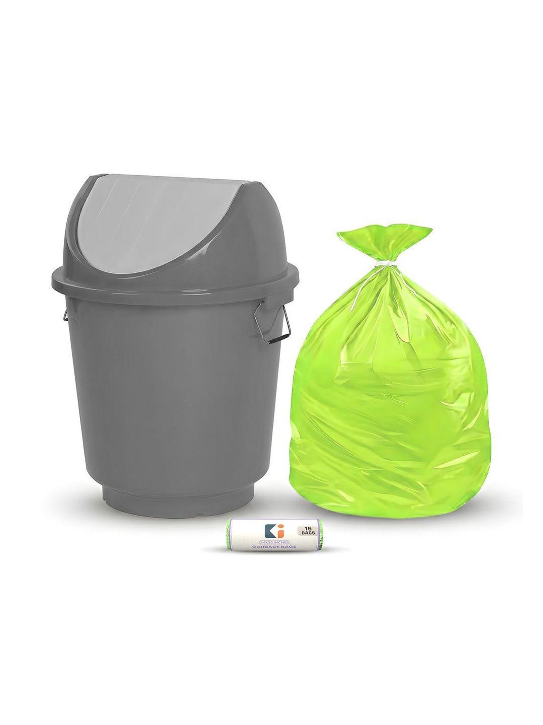 Kuber Industries Grey & Green Swing Lid Dustbin With 1 Roll Garbage Bags - 25L