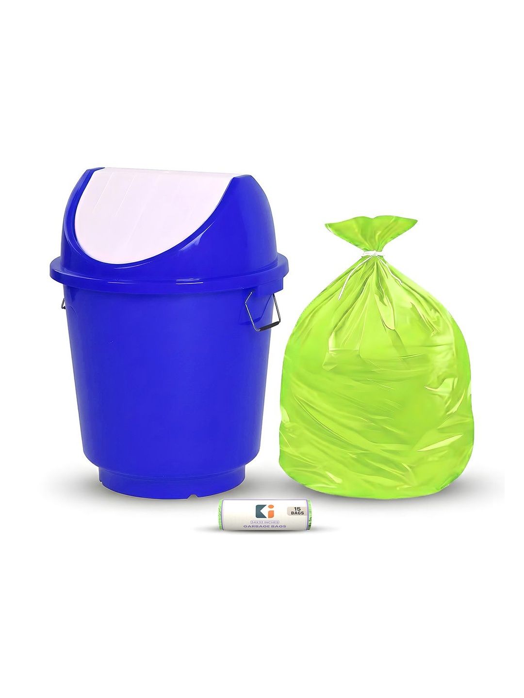 Kuber Industries Blue & Green Swing Lid Dustbin With 1 Roll Garbage Bags - 25L