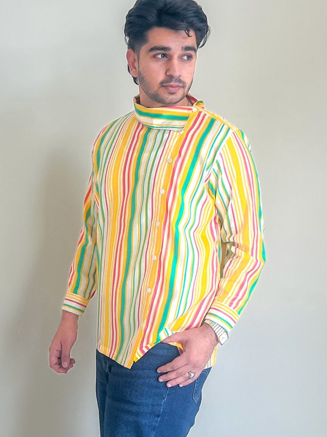 Disha R Dot Men Cotton Relaxed Fit Striped Buttoned Neck Kurta