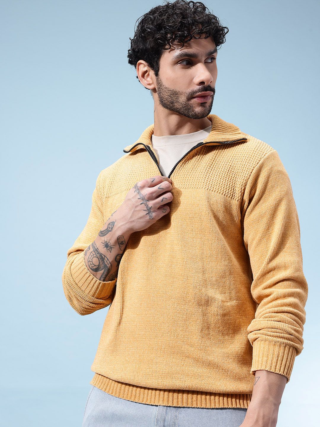 glitchez Ribbed Detail Velour Finish Mock Collar Pullover