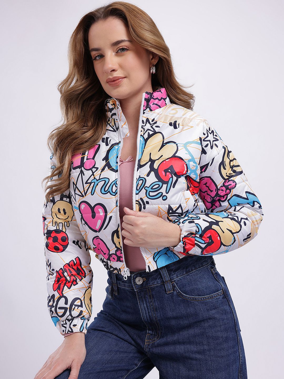 glitchez Typography Print Relaxed Fit Crop Puffer Jacket deal from myntra glitchez Typography Print Relaxed Fit Crop Puffer Jacket deal from myntra