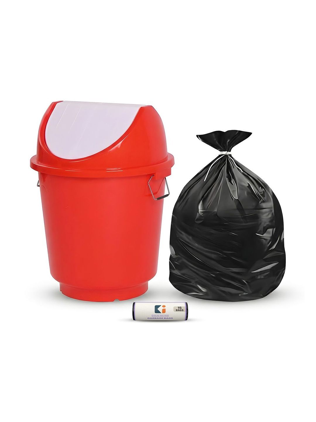 Kuber Industries Red & Black Swing Lid Dustbin With 1 Roll Garbage Bags - 25L