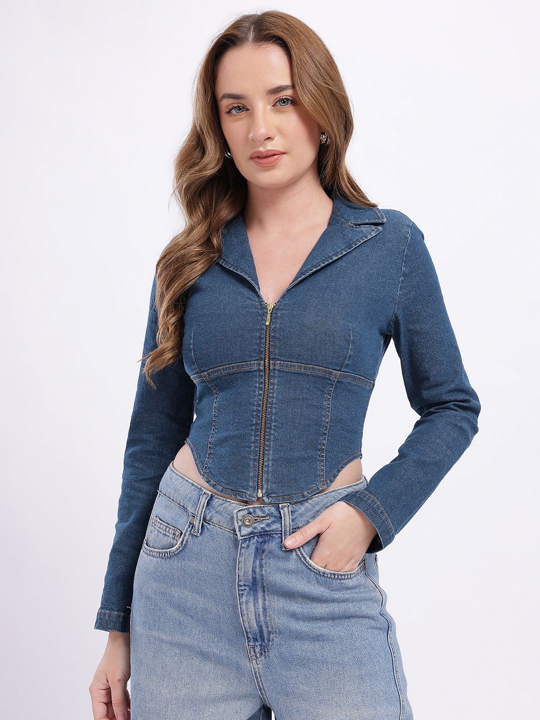 Buy glitchez Notched Lapel Collar Denim Fitted Crop Top - Tops for
