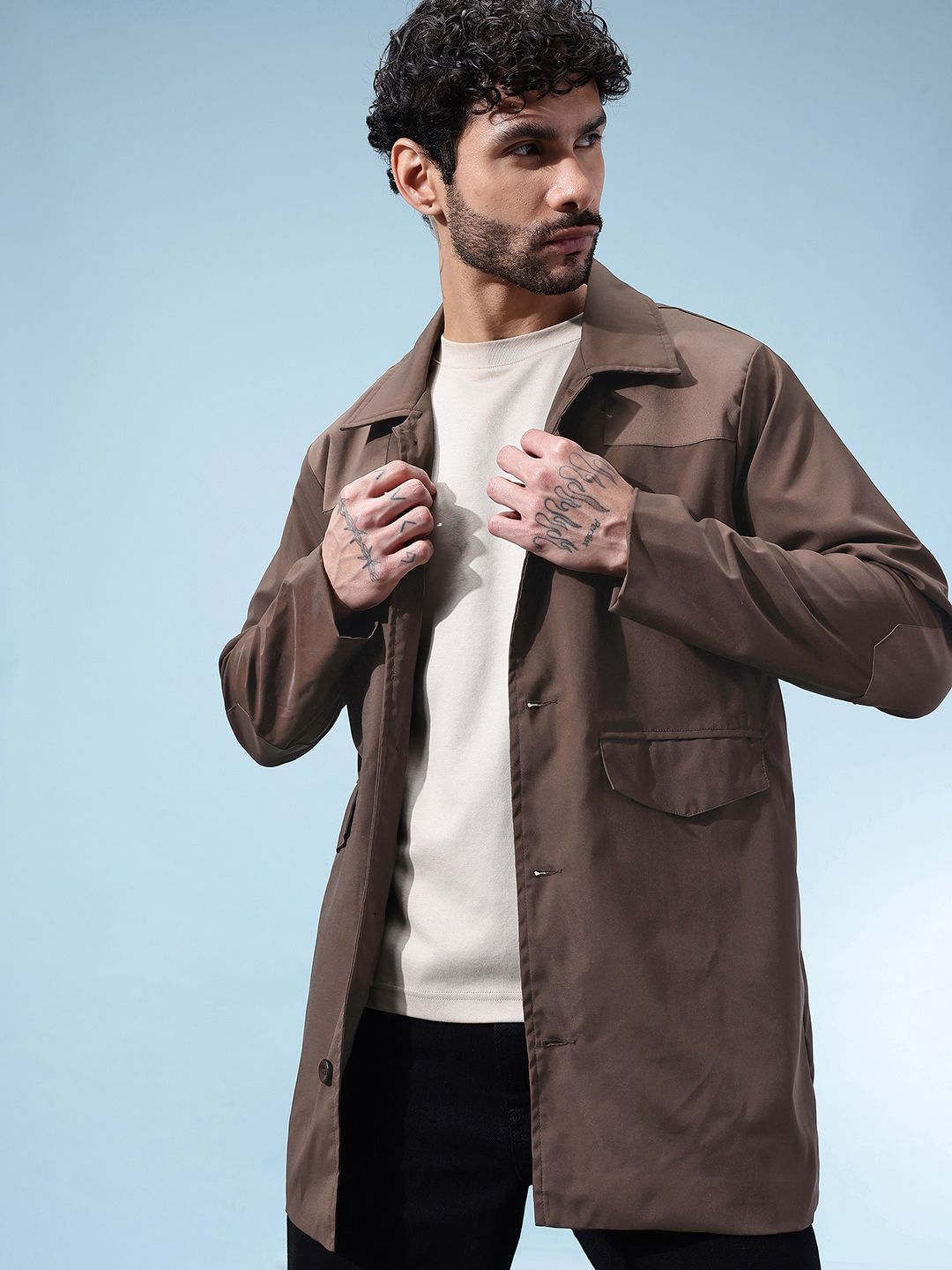 glitchez Spread Collar Longline Tailored Jacket with Elbow Patches with Pocket Detail