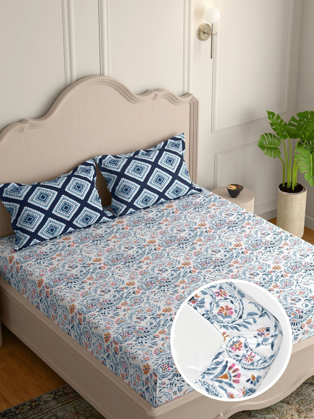 Pure Decor Pure Decor White Floral 180 TC Cotton Elastic Fitted Double Bedsheet & 2 Pillow Covers