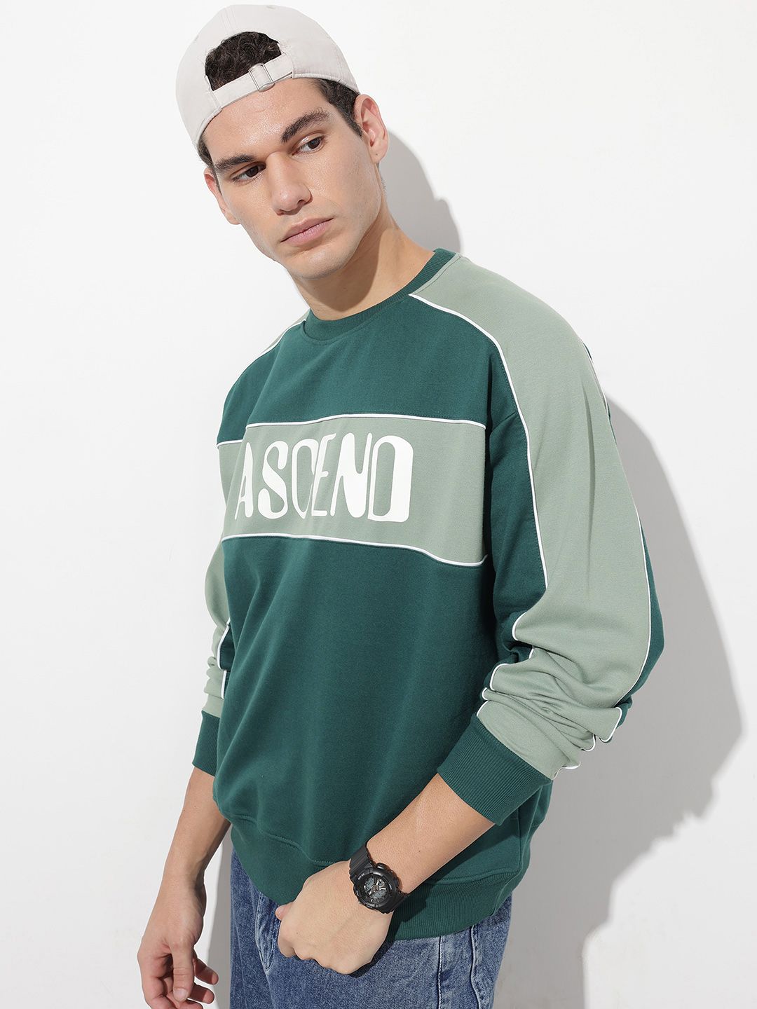 The Roadster Life Co. Oversized Typography Printed Raglan Sleeves Sweatshirt