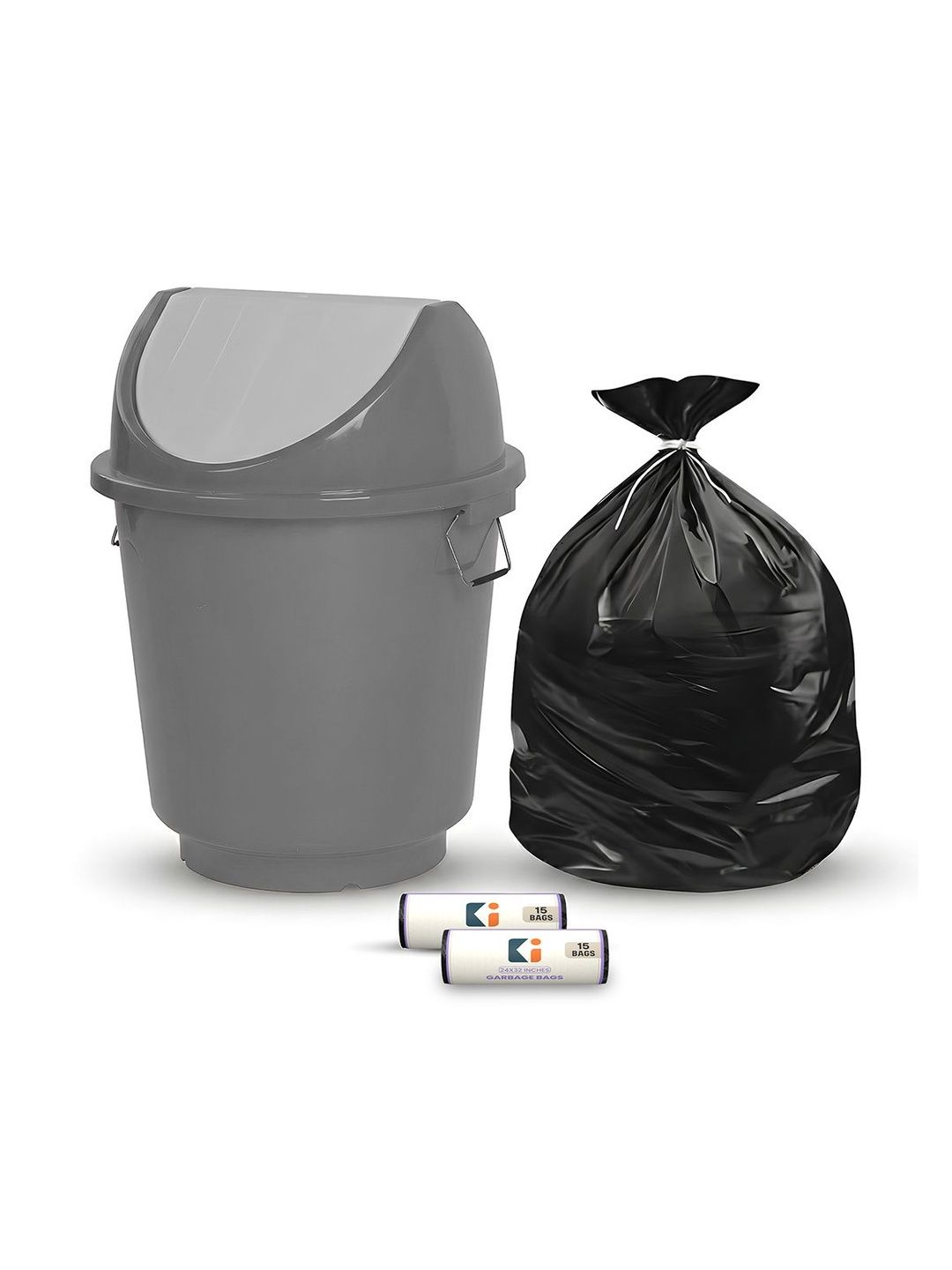 Kuber Industries Grey & Black Swing Lid Dustbin With 2 Roll Garbage Bags - 25L
