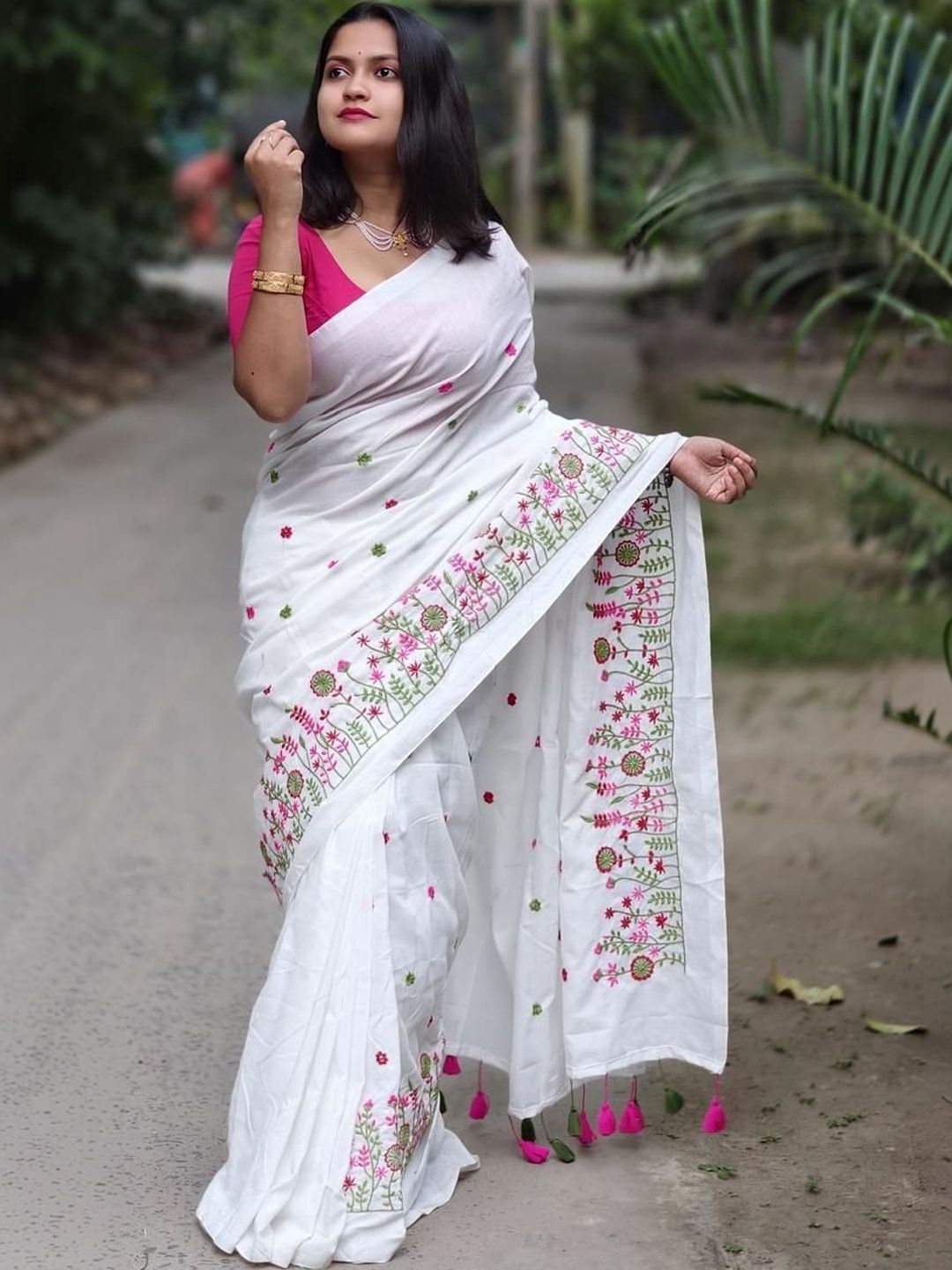 ACHOL Floral Embroidered Pure Cotton Saree