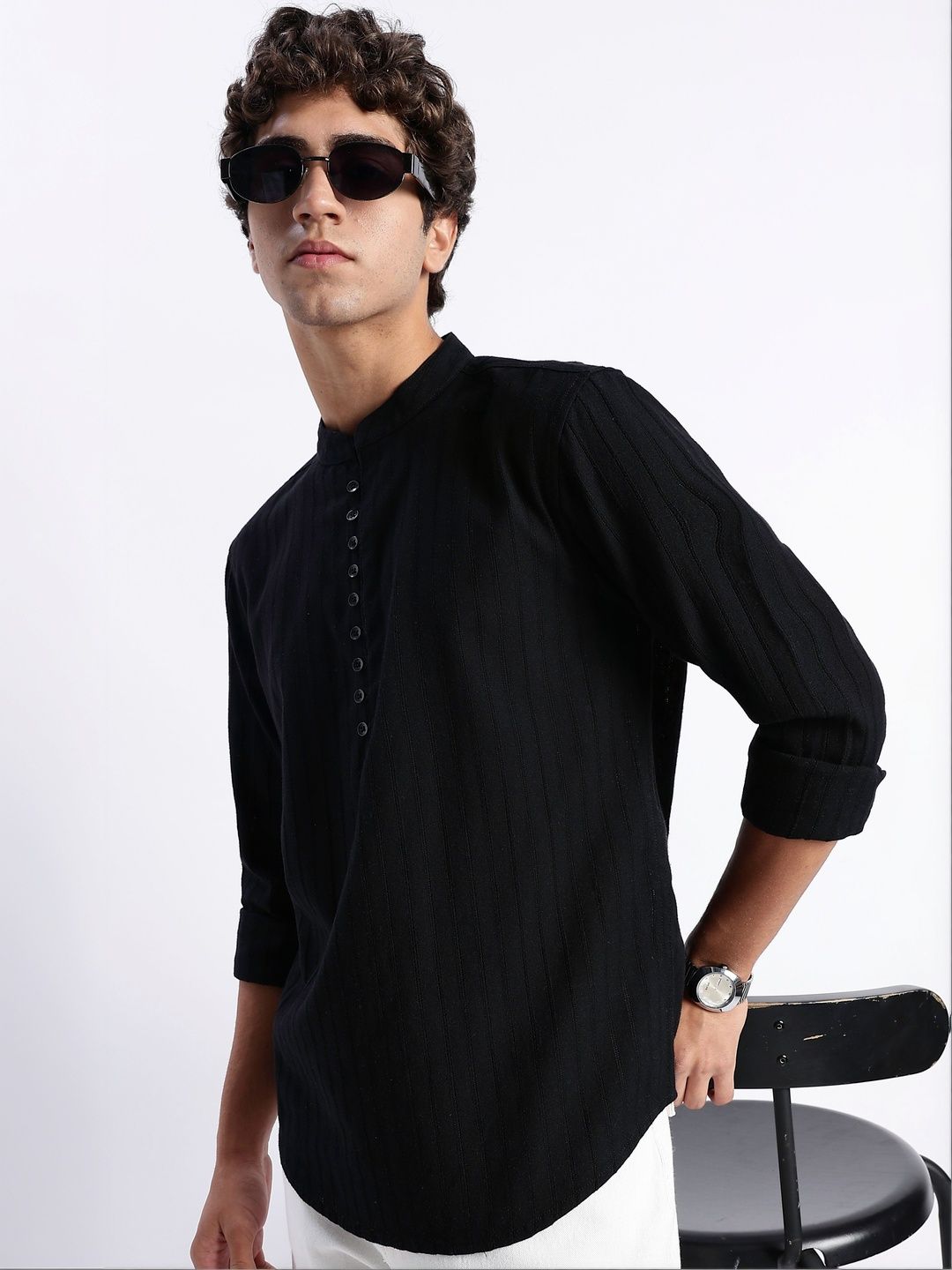HERE&NOW Men Striped Thread Work Kurta