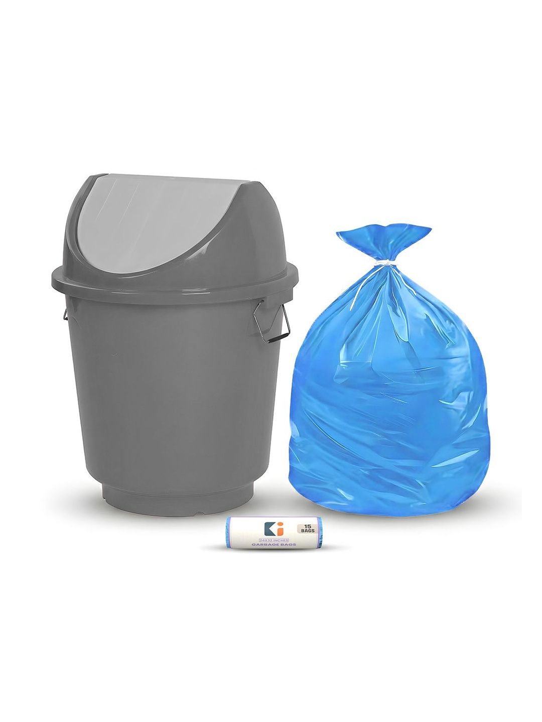 Kuber Industries Grey & Blue Swing Lid Dustbin With 1 Roll Garbage Bags - 25L