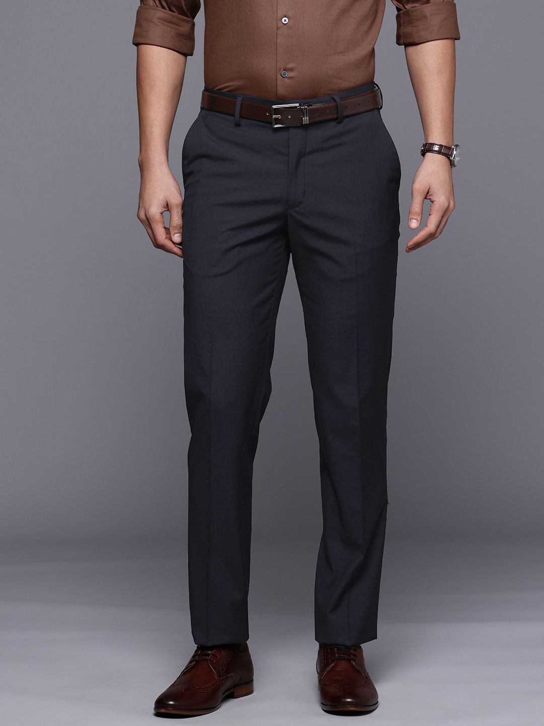 Louis Philippe Men Checked Slim Fit Formal Trousers