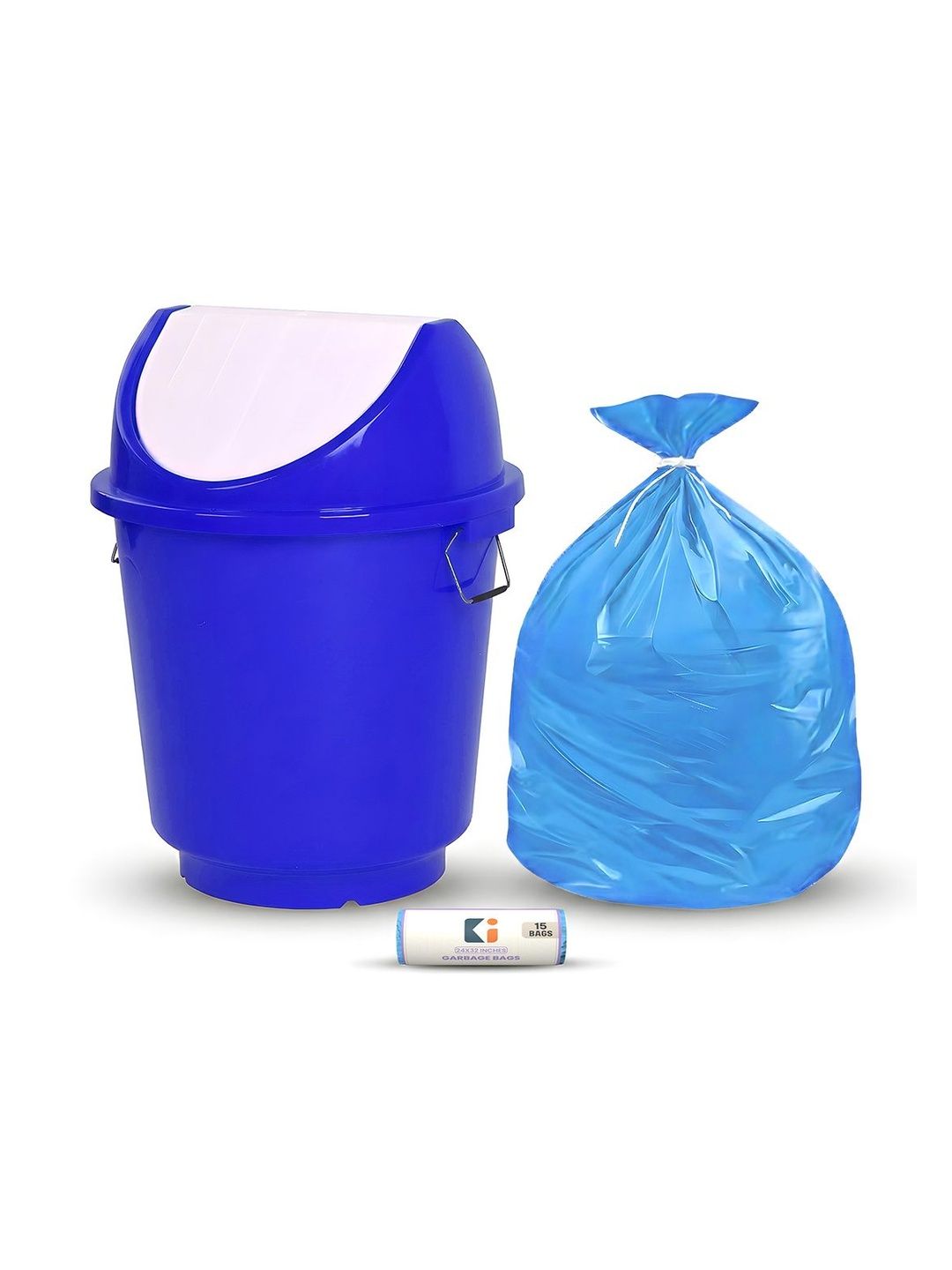 Kuber Industries White & Blue Swing Lid Dustbin With 1 Roll Garbage Bags - 25L