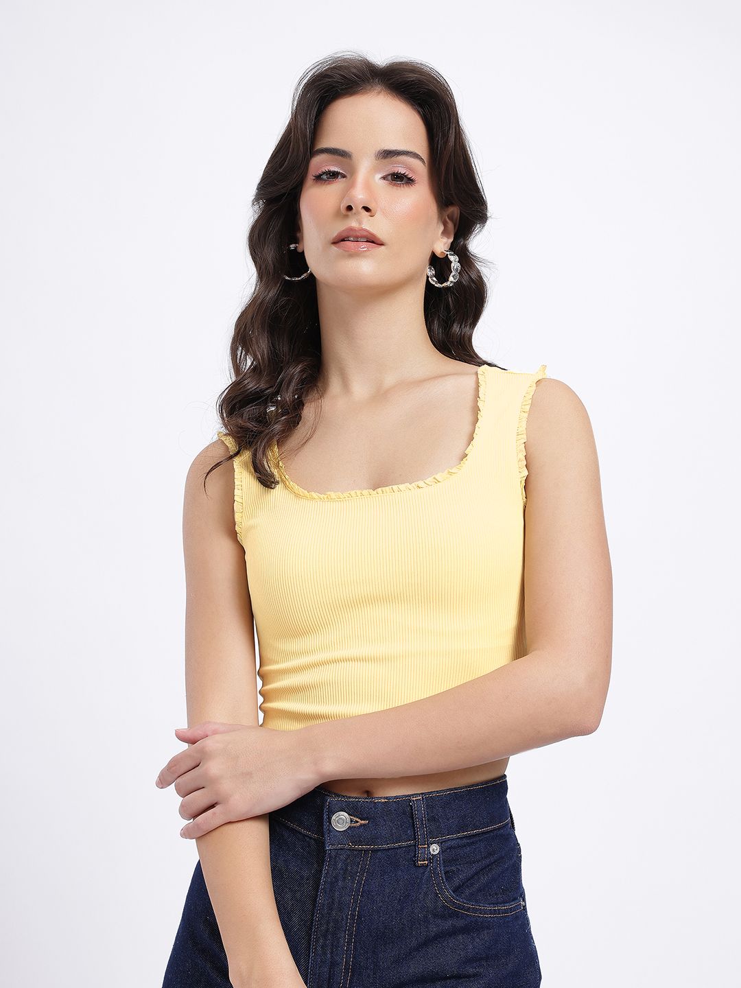 Buy Yellow Ribbed Fitted Scoop Neck Crop Tank Top - Tops for Women