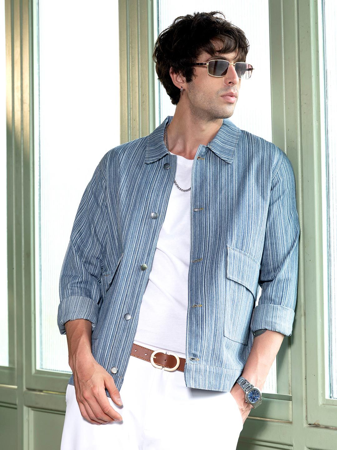 CAHOOT Men Striped Lightweight Denim Jacket