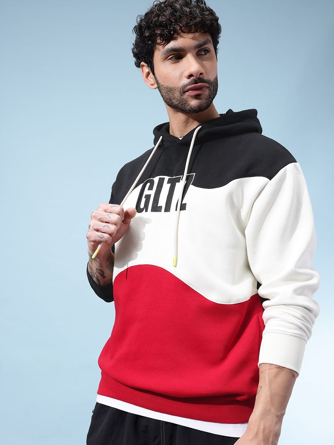 glitchez  Colourblocked Typography Printed Hooded pullover