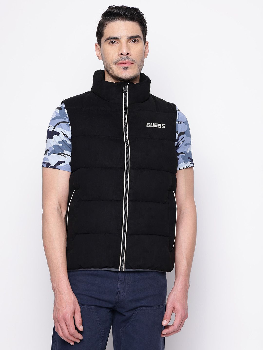 GUESS Brand Logo Detail Mock Collar Padded Gillet