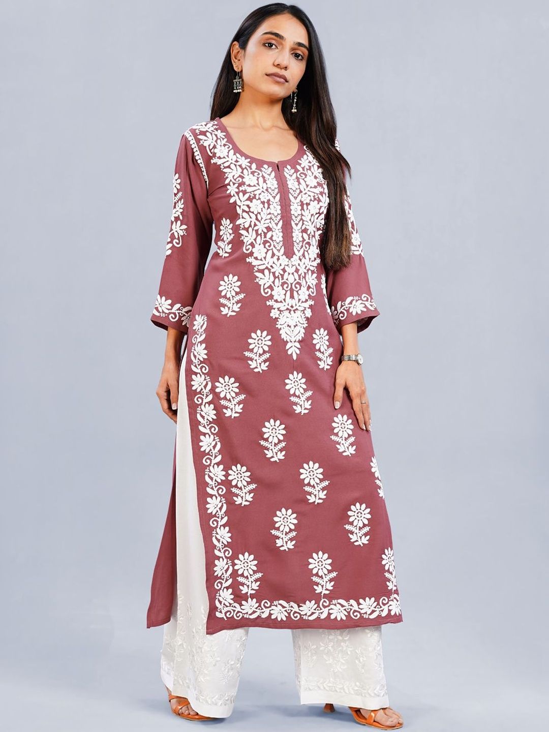 Kurta Set colorkosh Women Floral Embroidered Regular Chikankari Kurta with Palazzos