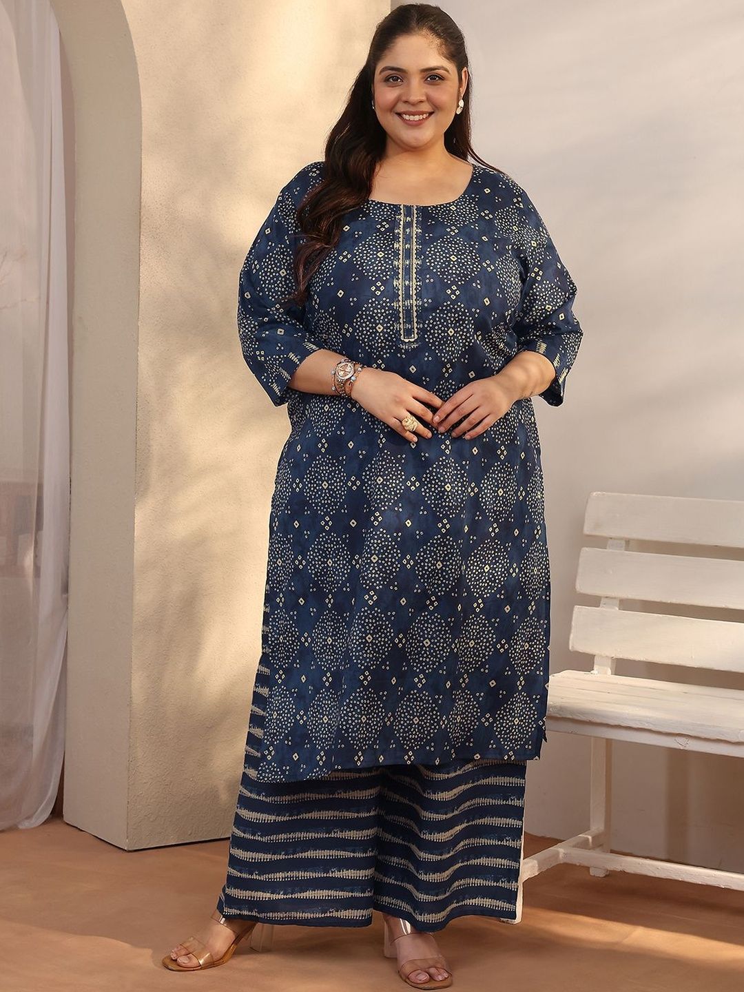 Extra Love By Libas Plus Size Women Ethnic Motifs Printed Regular Kurta with Palazzos