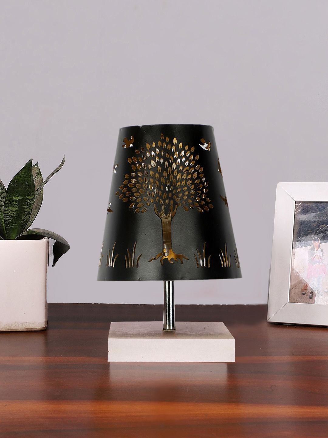 Aura Black Textured Wood Frusturical Shaped Table Lamp