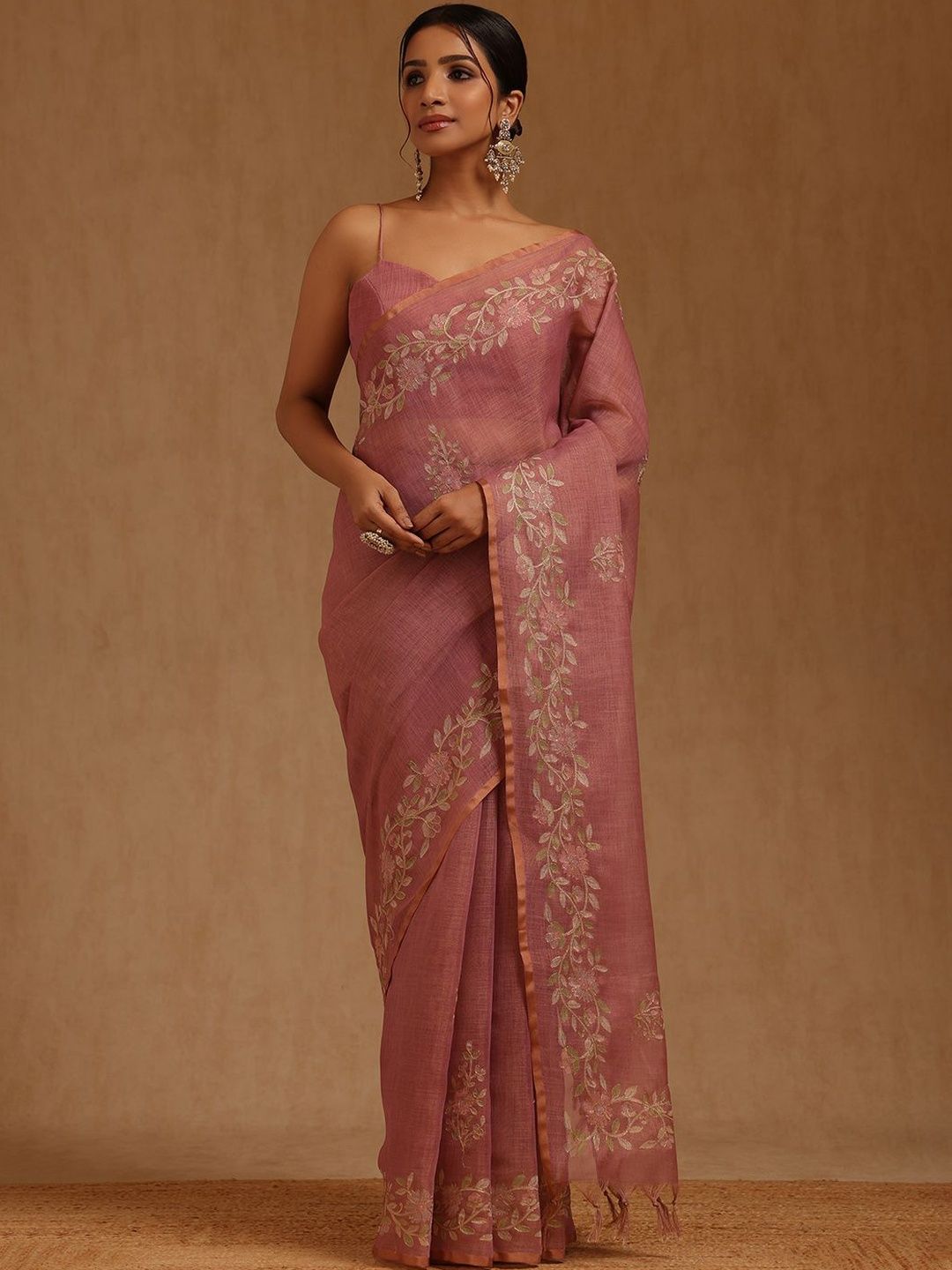 Floral Linen Blend Saree Soch Floral Embroidered Linen Blend Saree