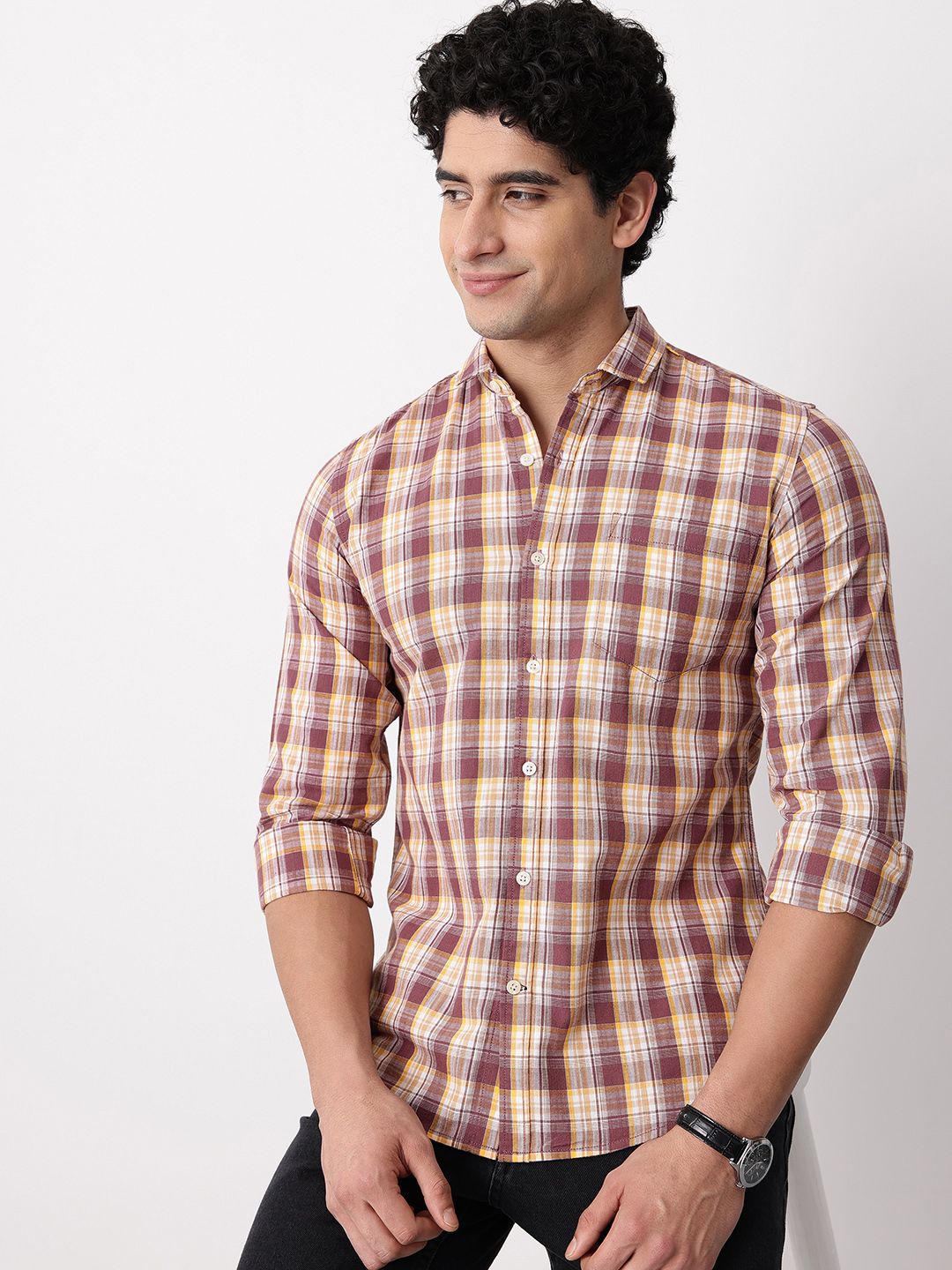 Mast & Harbour Slim Fit Checked Cotton Linen Casual Shirt