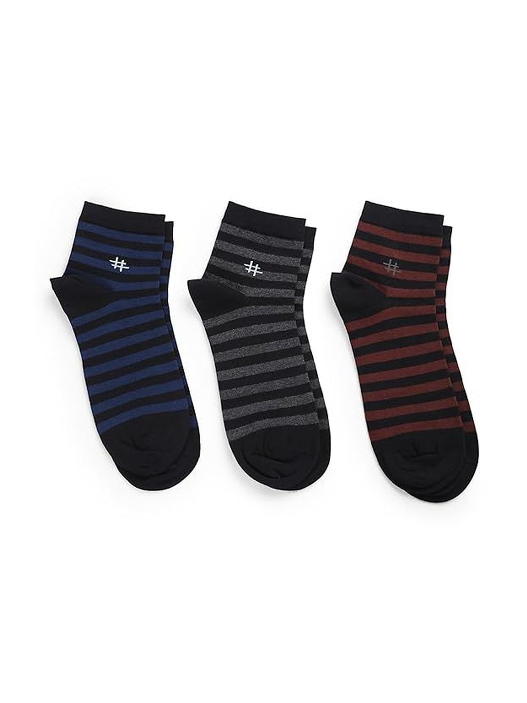 MILLS BROWN Men Pack Of 3 Striped Cotton Ankle Length Socks