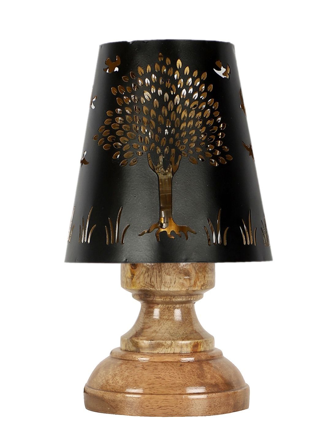 Aura Black Textured Wood Frusturical Shaped Table Lamp