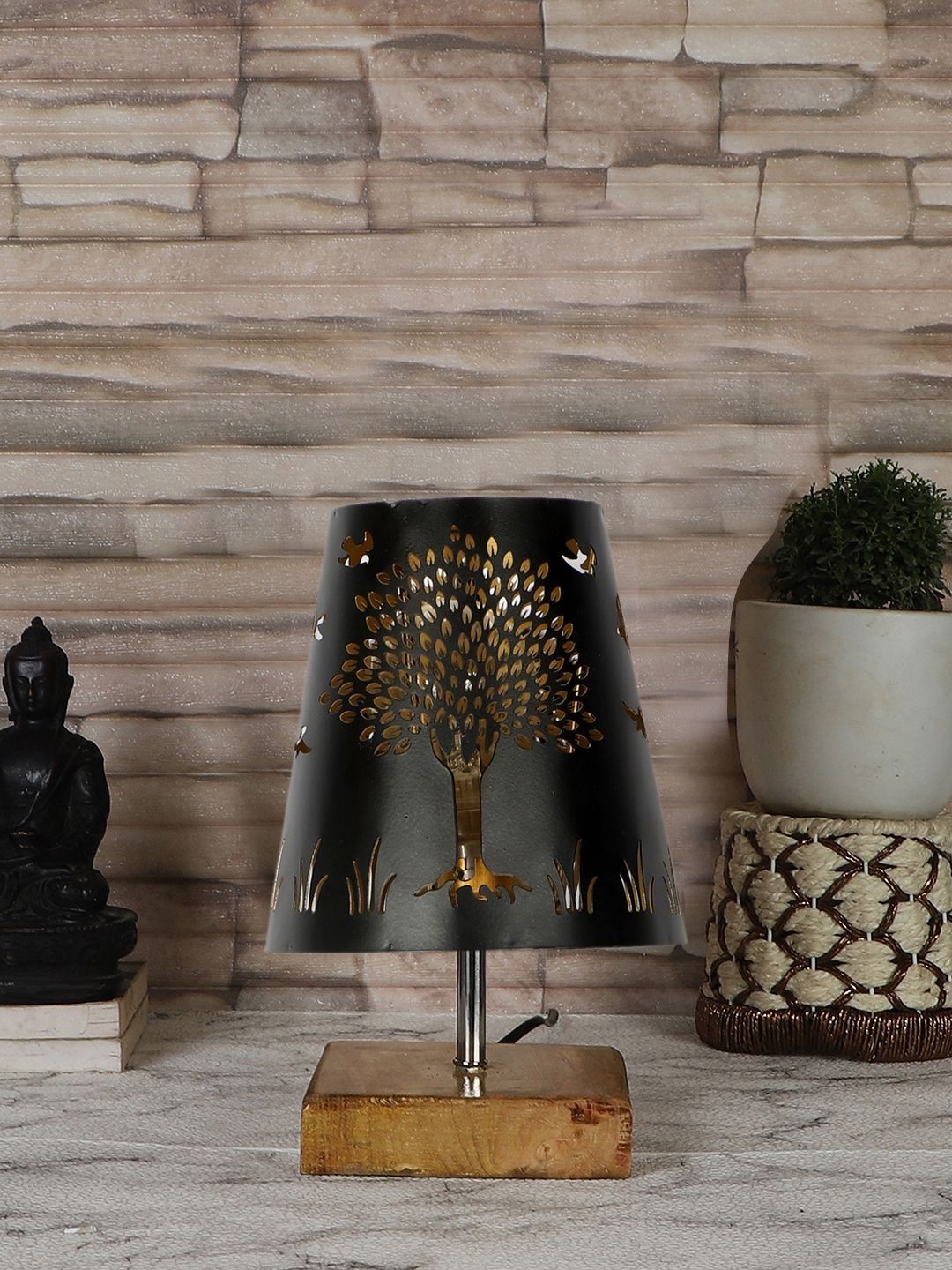 Aura Black Printed Wood Frusturical Shaped Table Lamp