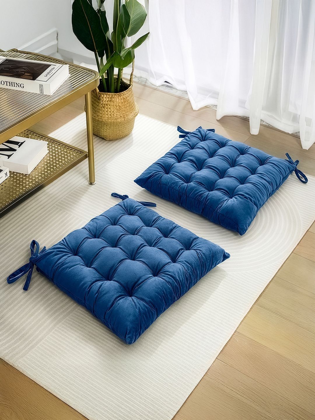 Myntra Elegant Homes Navy Blue Velvet Lightweight 2Pcs Chair Pad Cushions