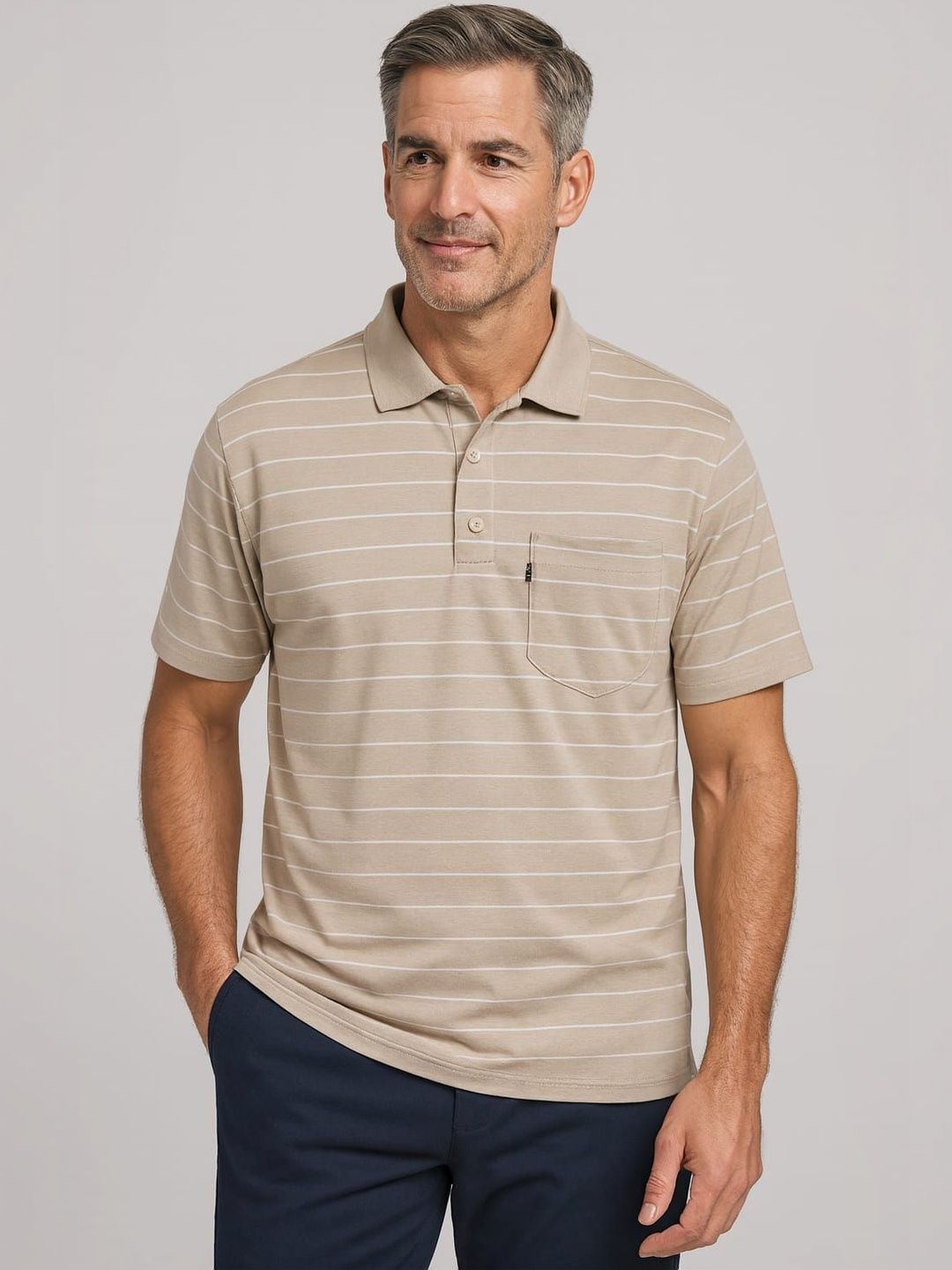 WILD ELEPHANT Men Striped Polo Collar Pockets T-shirt