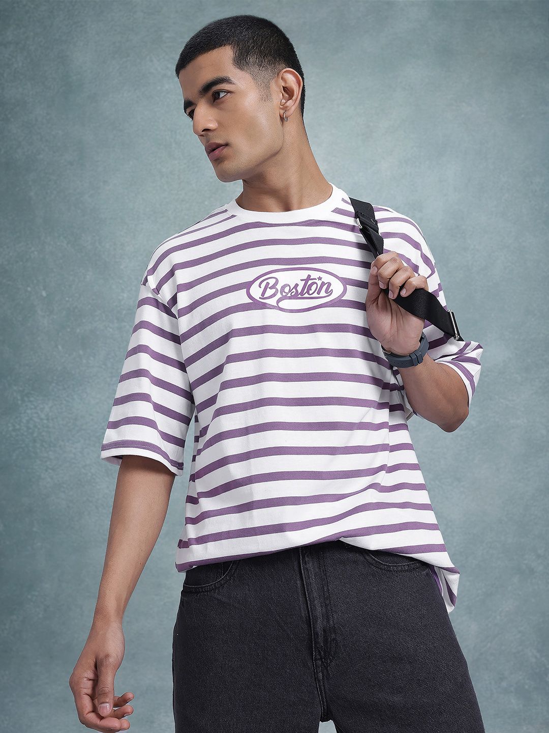The Roadster Life Co. Striped Drop-Shoulder Sleeves Relaxed Fit Knitted T-shirt