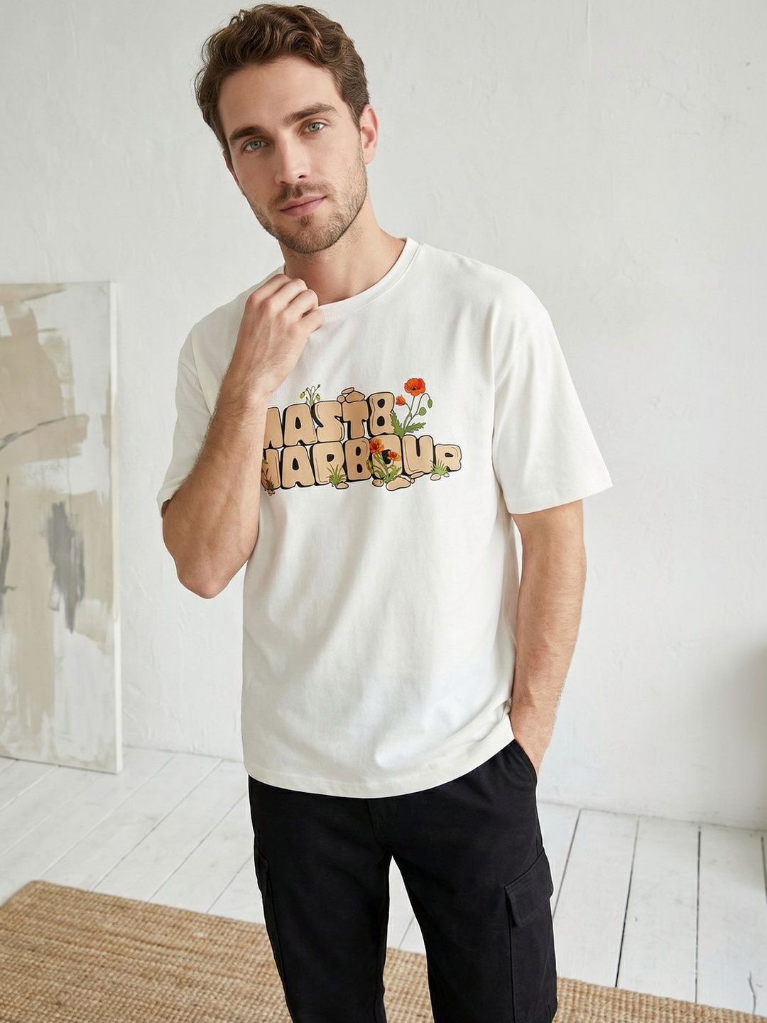 Mast & Harbour Men Typography Printed Pure Cotton T-shirt