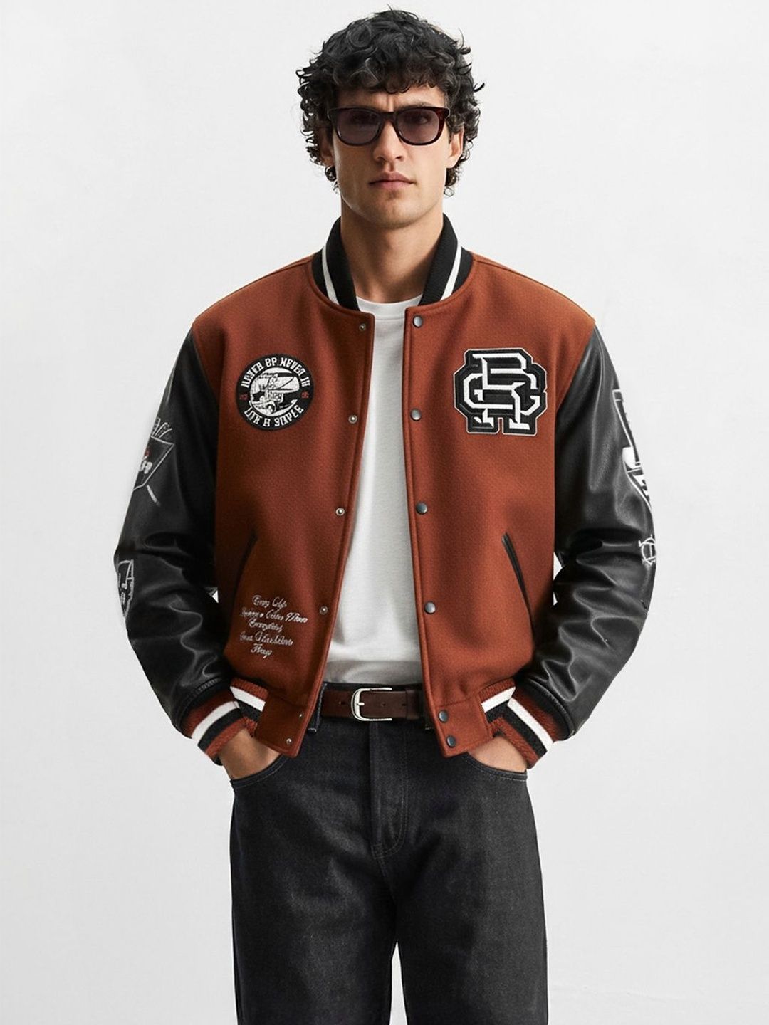 The Indian Garage Co Men Colourblocked Varsity Jacket with Embroidered
