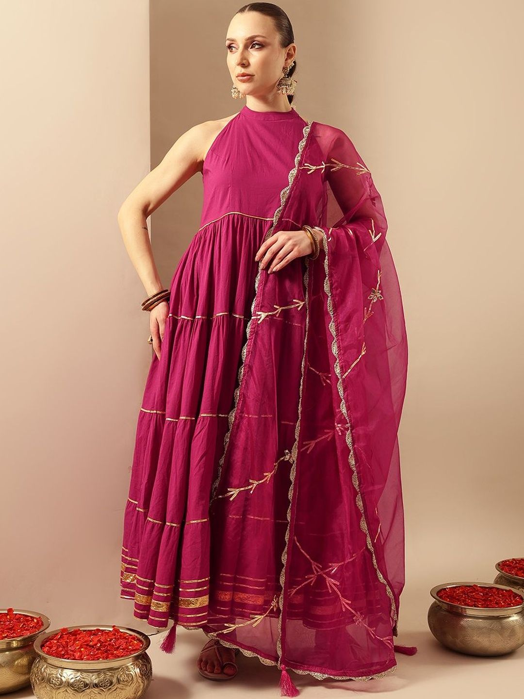 Ishin Ishin Rani Pink Embroidered Organza Anarkali Kurta Sets