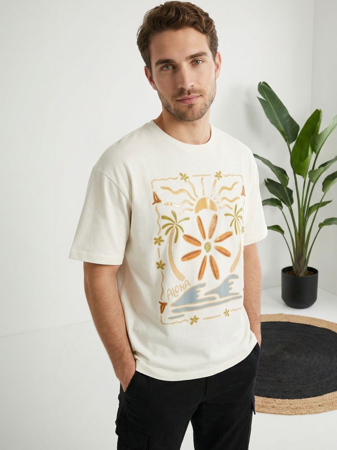 Mast & Harbour Men Printed Tropical Pure Cotton T-shirt